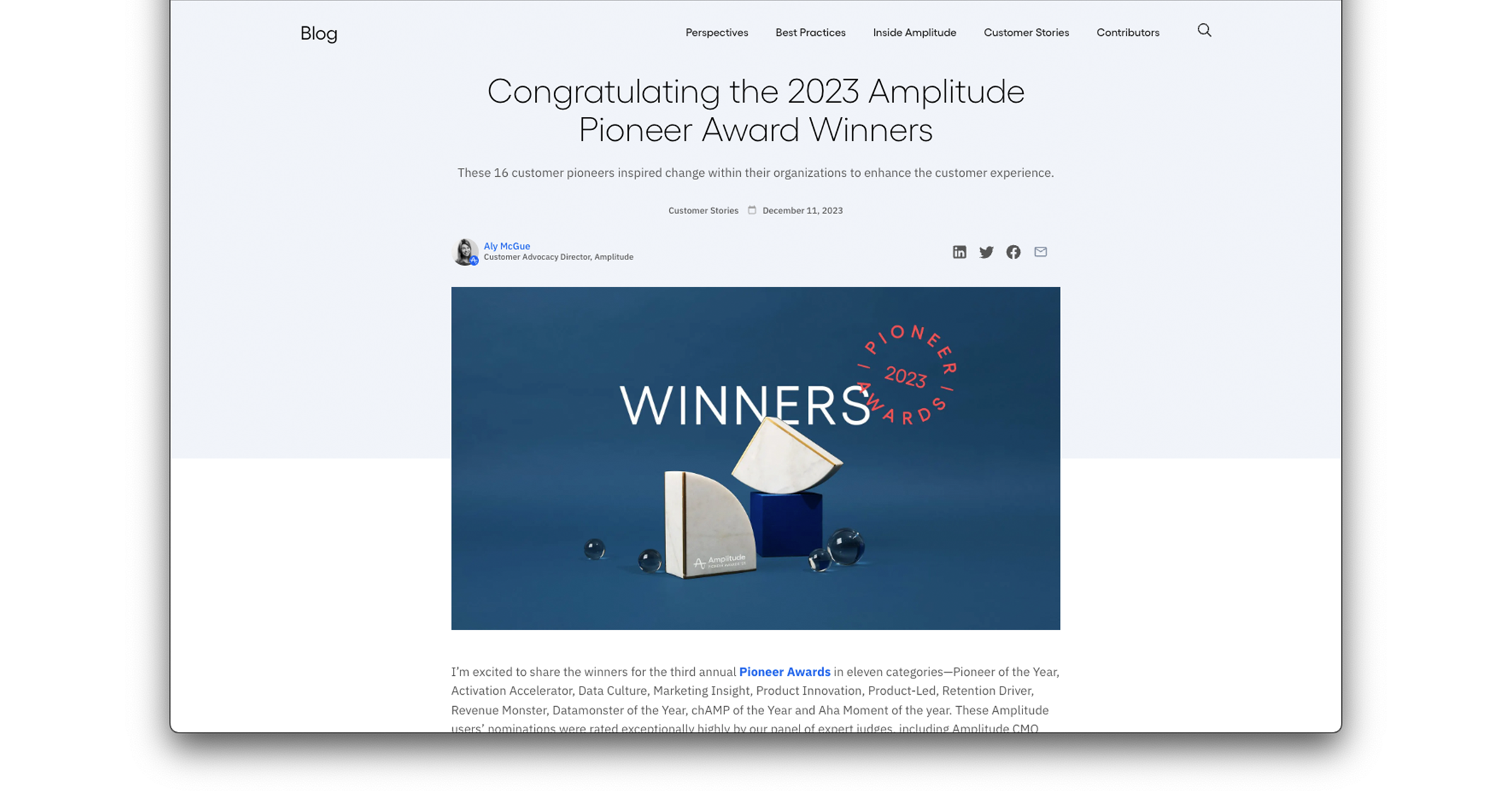 米国Amplitude社が、2023年度のAmplitude Pioneer Award 受賞者を発表