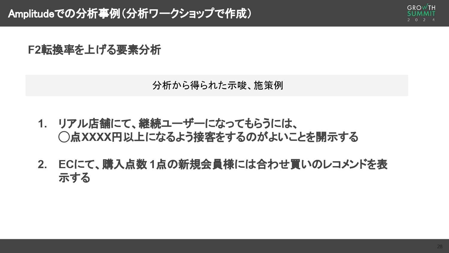 Amplitudeでの分析事例（分析ワークショップで作成）｜F2転換率を上げる要素分析