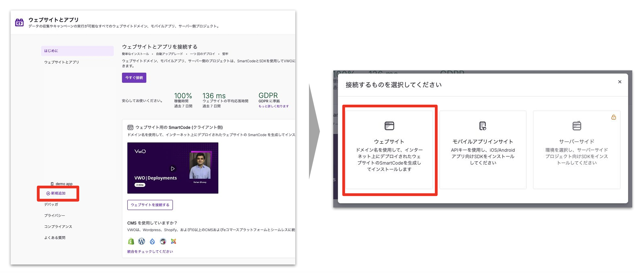 VWO ダッシュボード(ウェブサイトとアプリ)